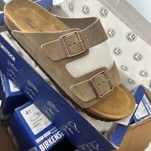 Birkenstock Arizona Suede Two-Strap Sandal in Taupe Brown